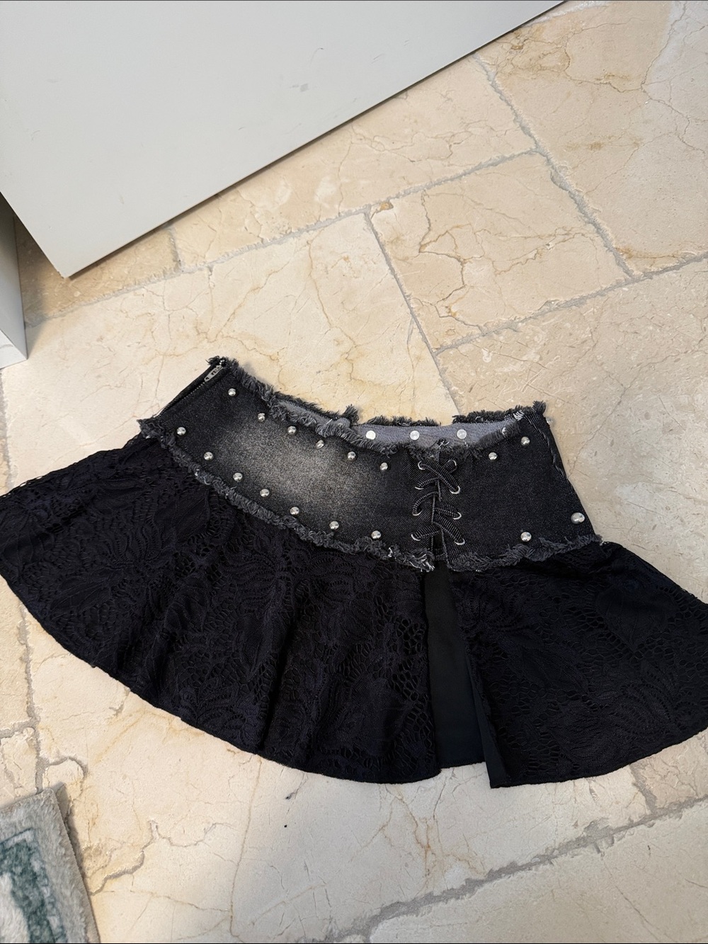 Black Lace-Trim Circle Skirt with Distressed Studded Waist